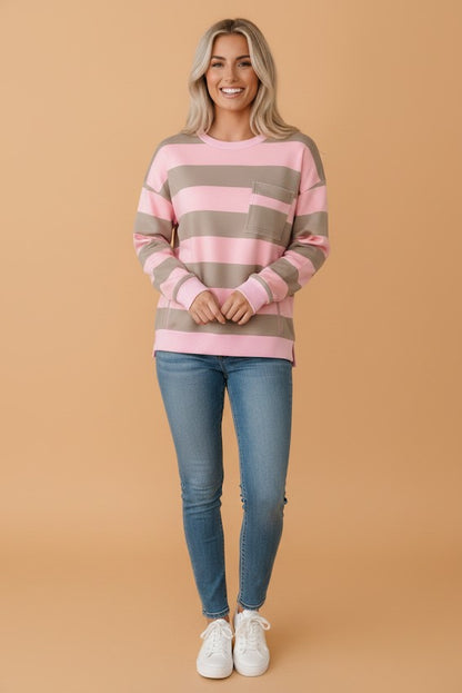 Stripe Colorblock Patch Pocket Long Sleeve Oversized Sweatshirt