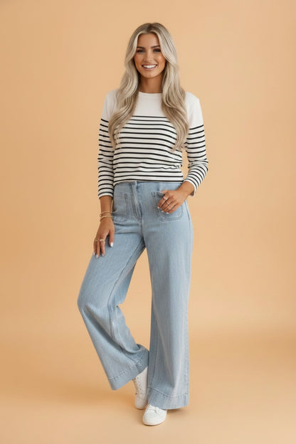 Solid Denim Patch Pocket Straight Leg Jeans