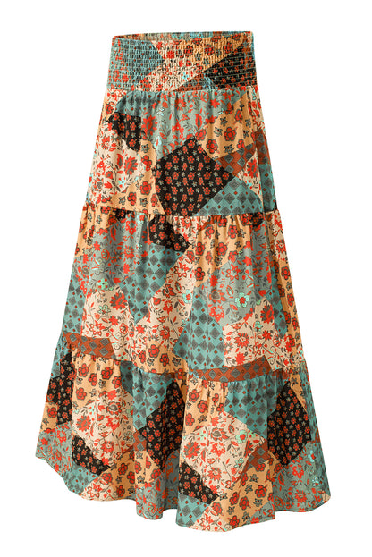 Boho Floral Patchwork Smocked Waist Maxi Skirt