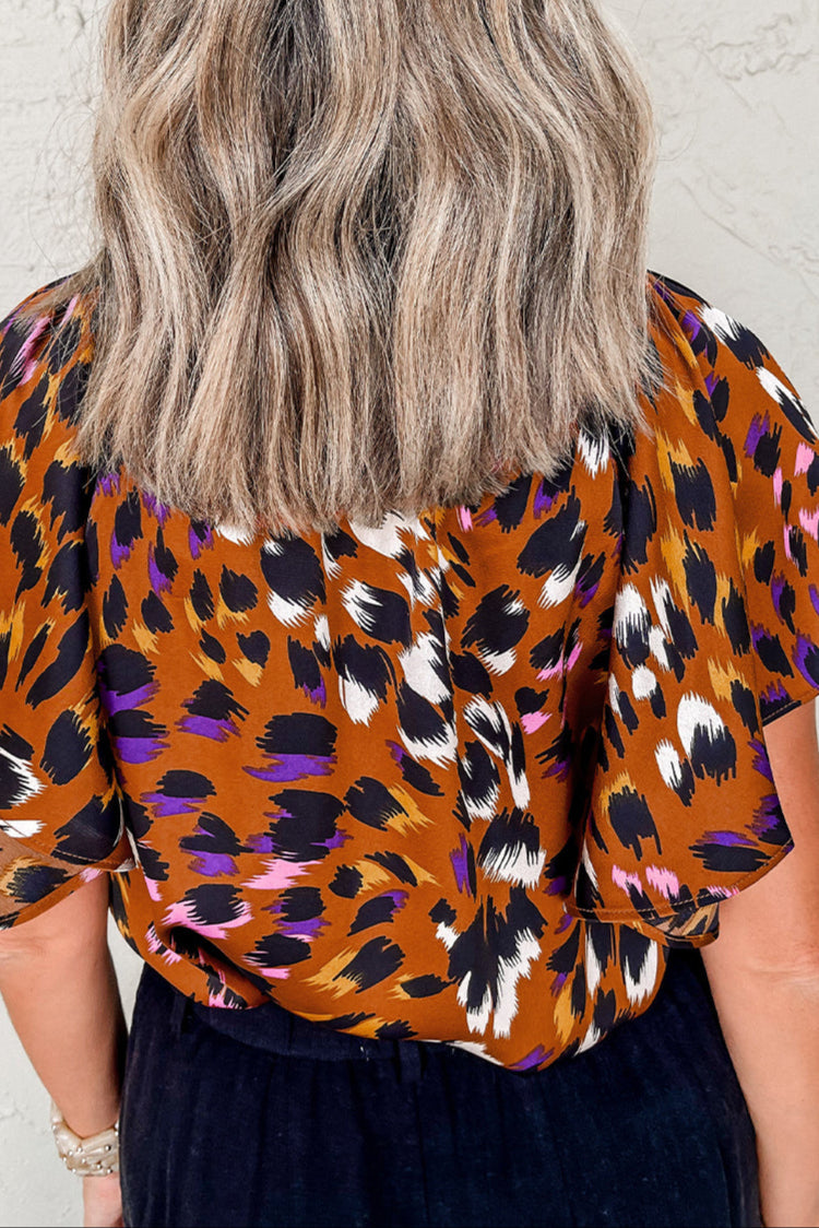 Leopard Short Sleeve V-Neck Blouse