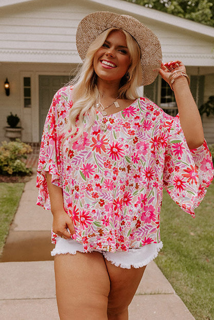 Floral Ruffled Half Sleeve V-Neck Plus Size Blouse