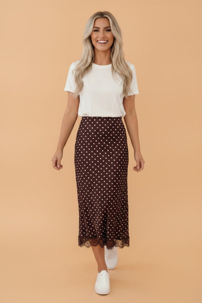 Polka Dot Lace Hem Midi Skirt