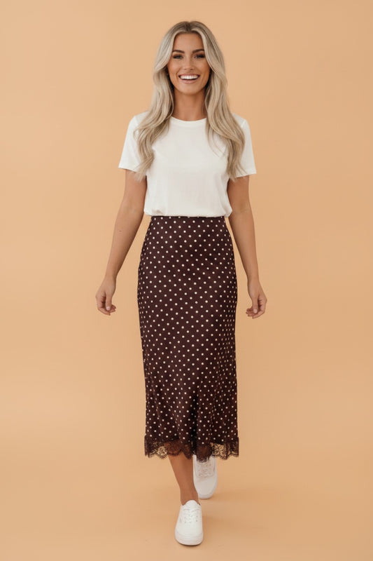 Polka Dot Lace Hem Midi Skirt