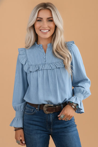 Western Denim Chambray Ruffle V-Neck Long Sleeve Blouse