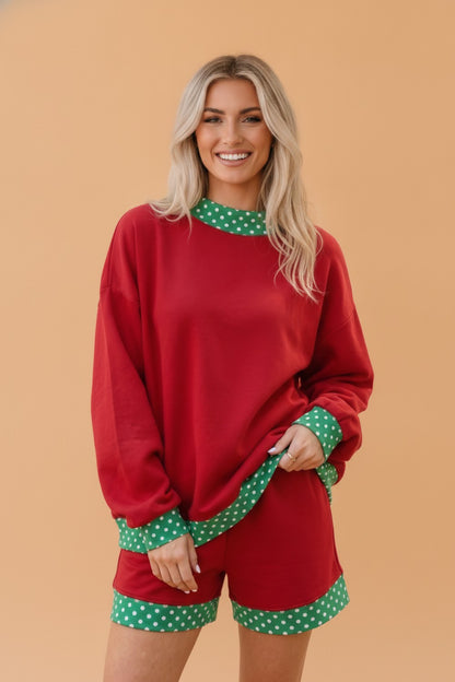 Polka Dot Contrast Trim Sweatshirt & Shorts Set