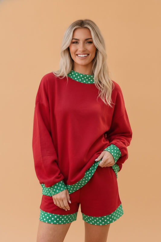 Polka Dot Contrast Trim Sweatshirt & Shorts Set