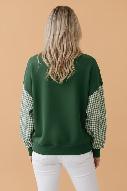 Gingham Colorblock Mock Neck Long Sleeve Sweatshirt