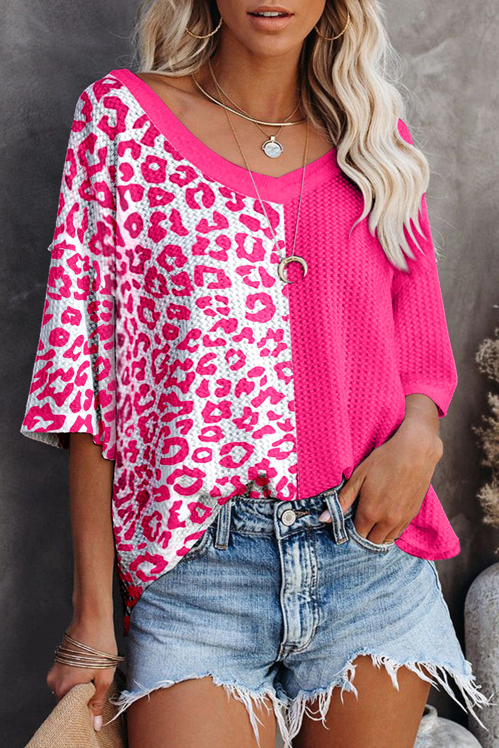 Leopard Colorblock Waffle Knit Blouse