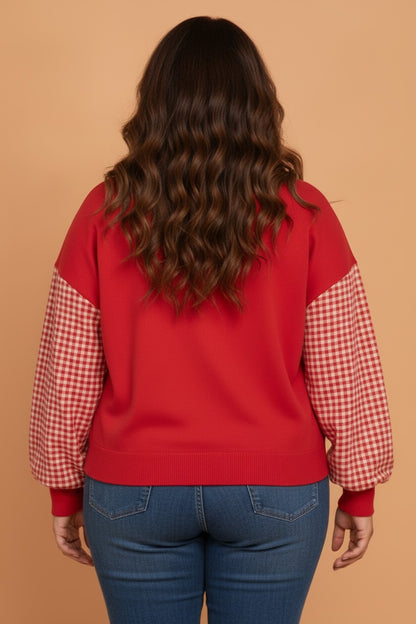 Plus Size Gingham Patchwork Long Sleeve Sweatshirt