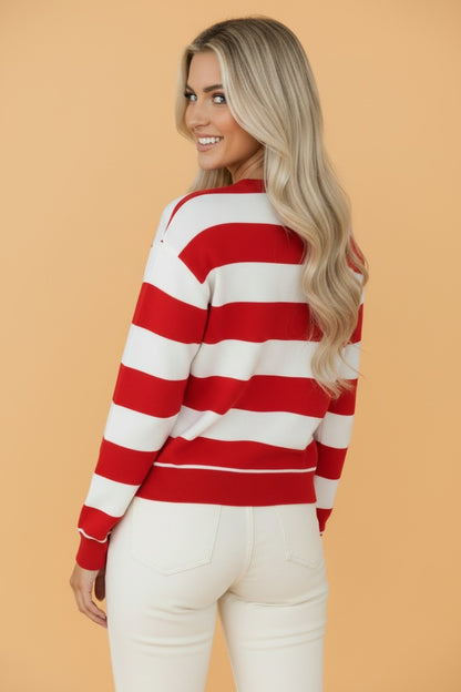 Christmas HOLLY JOLLY Embroidered Stripe Sweatshirt