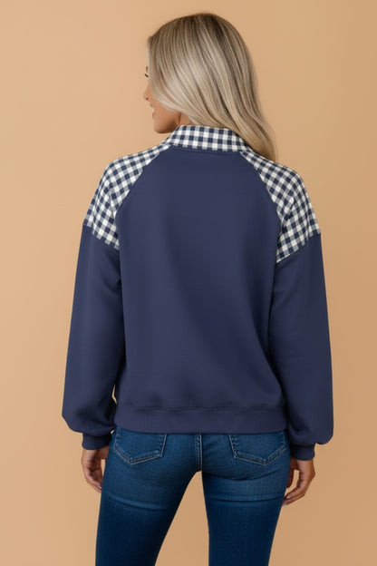 Gingham Patchwork Half Zip Kangaroo Pocket Sweatshirt