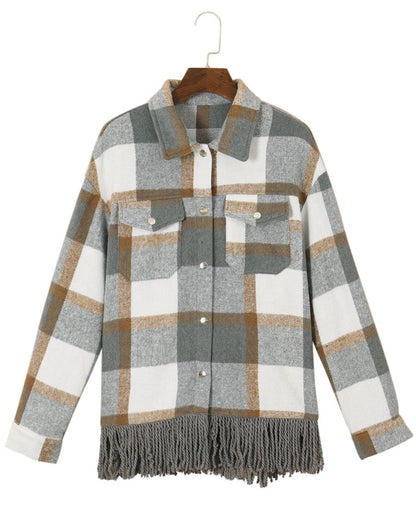 Plaid Pocket Fringed Hem Jacket