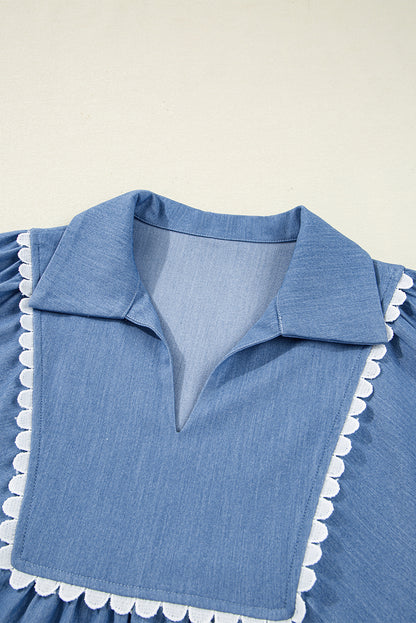 Solid Lace Ric-Rac 3/4 Sleeve Babydoll Blouse