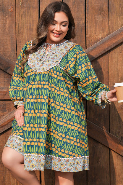 Plus Size Floral Stripe Trim 3/4 Sleeve Mini Dress