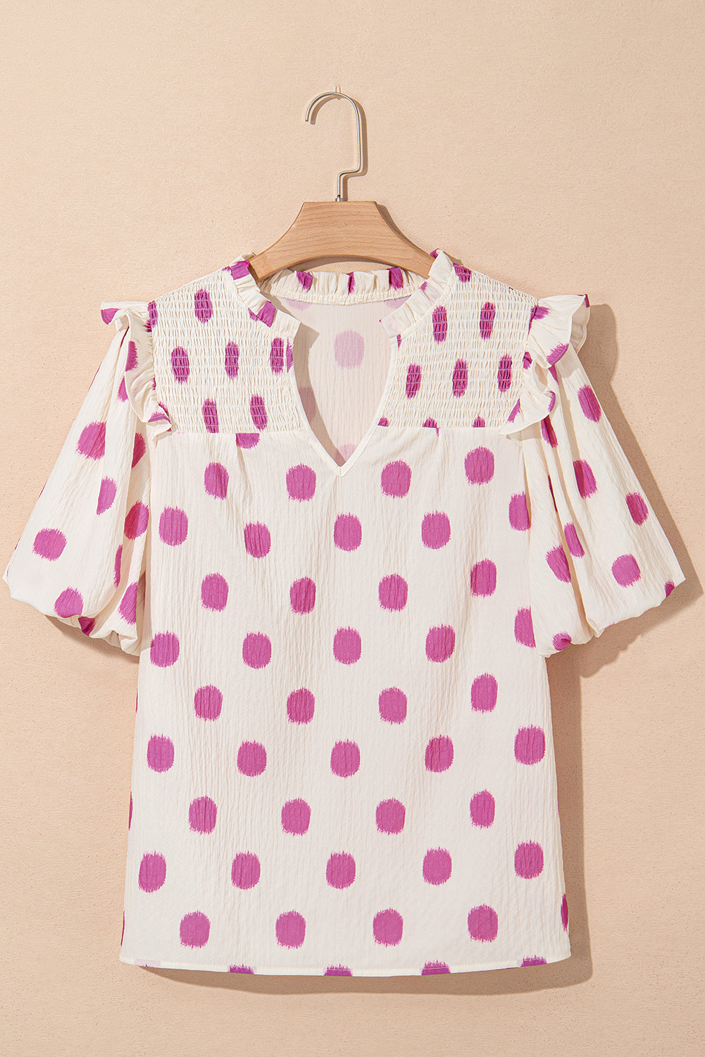 Polka Dot Shirred Notched Neck Balloon Sleeve Blouse