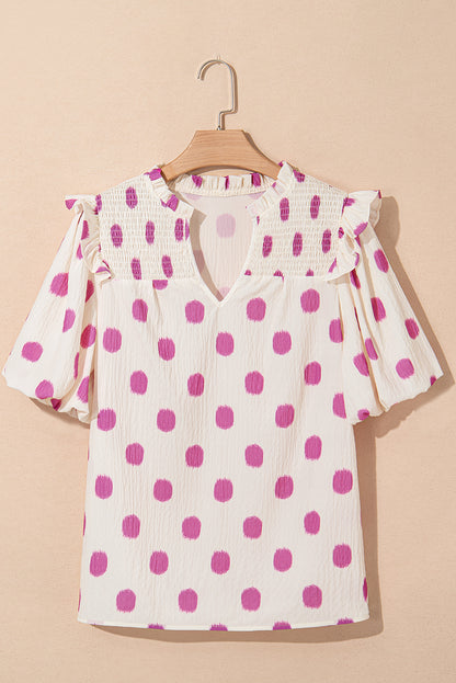 Polka Dot Shirred Notched Neck Balloon Sleeve Blouse