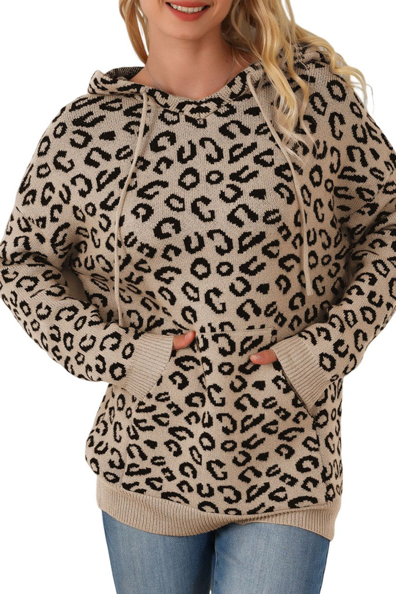 Leopard Knit Drawstring Hooded Sweater