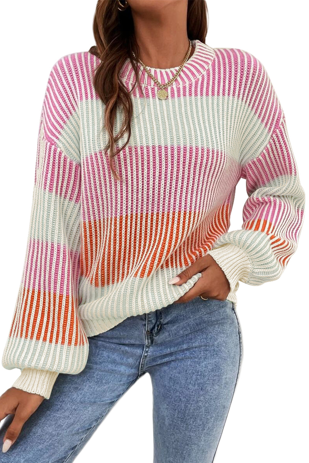 Colorblock Stripe Bubble Sleeve Sweater