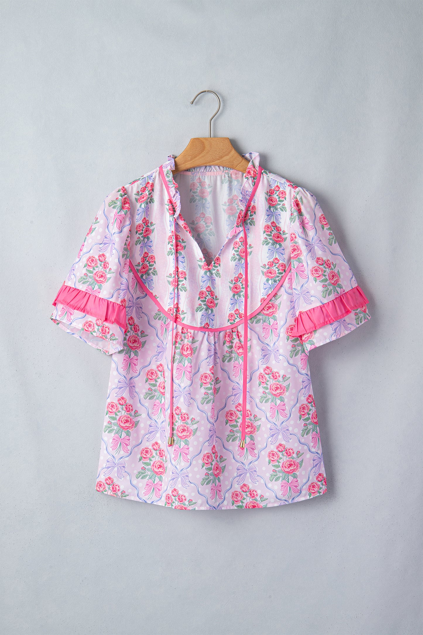 Floral Coquette Bow Ruffle Short Sleeve Blouse