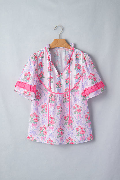 Floral Coquette Bow Ruffle Short Sleeve Blouse
