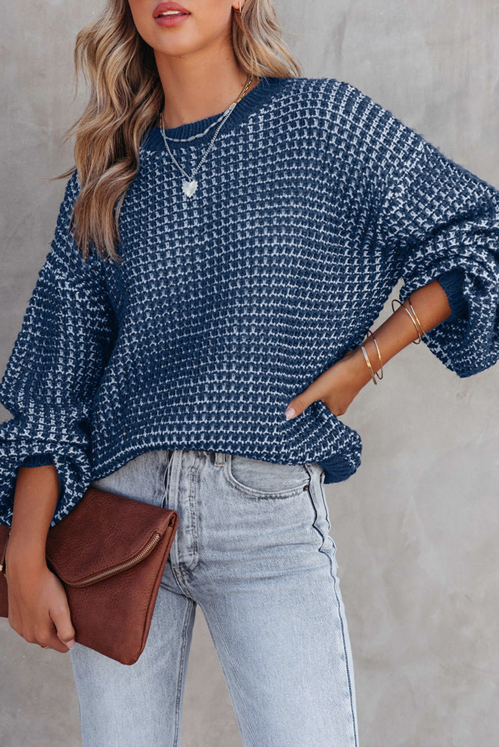 Checker Puff Sleeve Sweater