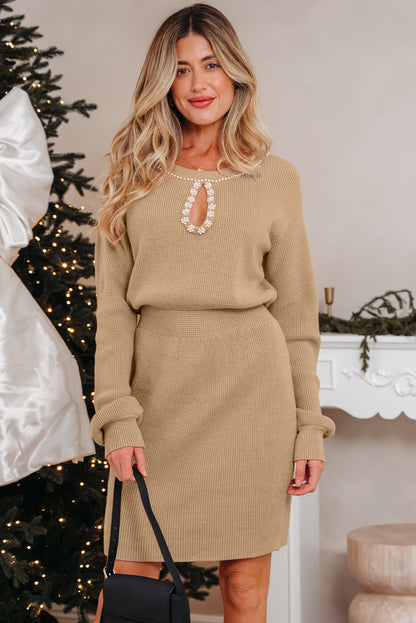 Pearl Embellished Keyhole Ribbed Sweater Dress