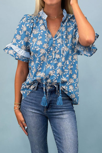 Floral Stripe Trim Tie-Neck Short Sleeve Blouse