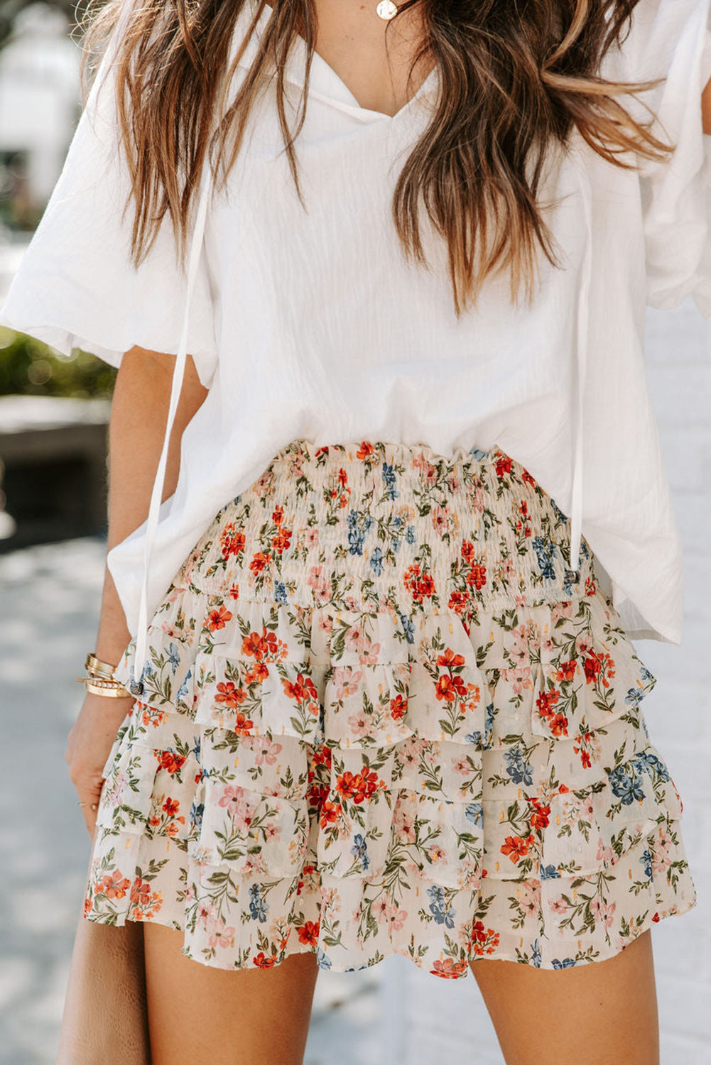 Floral Smocked Ruffle Tiered Skirt