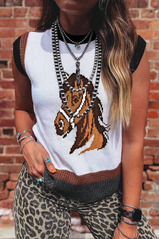 Western Horse Colorblock Trim Sleeveless Sweater Top