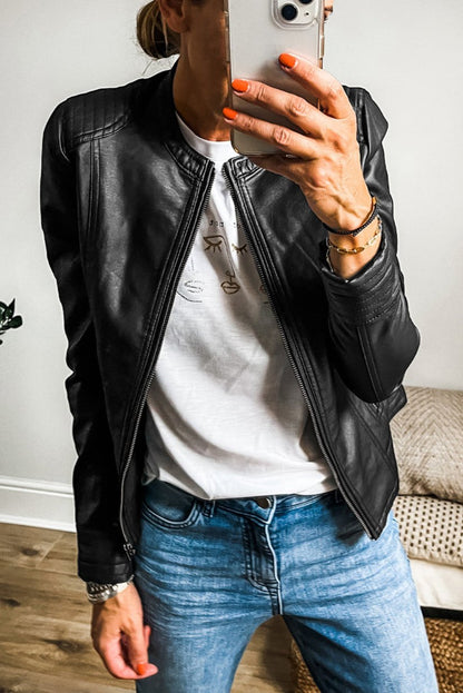 Faux Leather Zipped Bomber Jacket