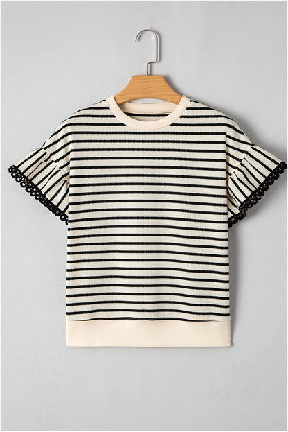 Stripe Scallop Lace Trim Ruffle Short Sleeve Top