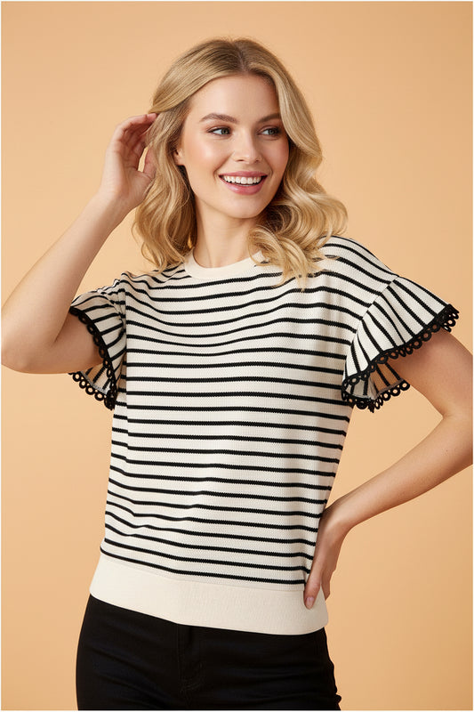 Stripe Scallop Lace Trim Ruffle Short Sleeve Top