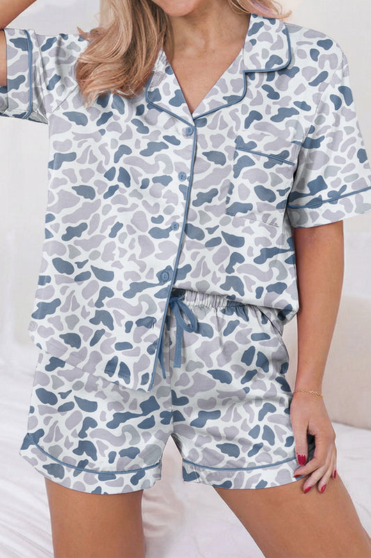 Camo Lapel Shirt & Drawstring Shorts Pajama Set