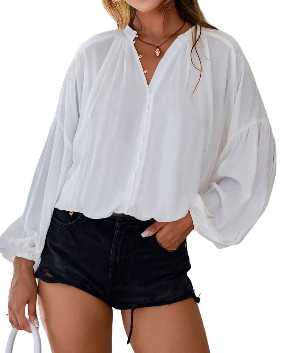 Solid V-Neck Balloon Sleeve Shirt