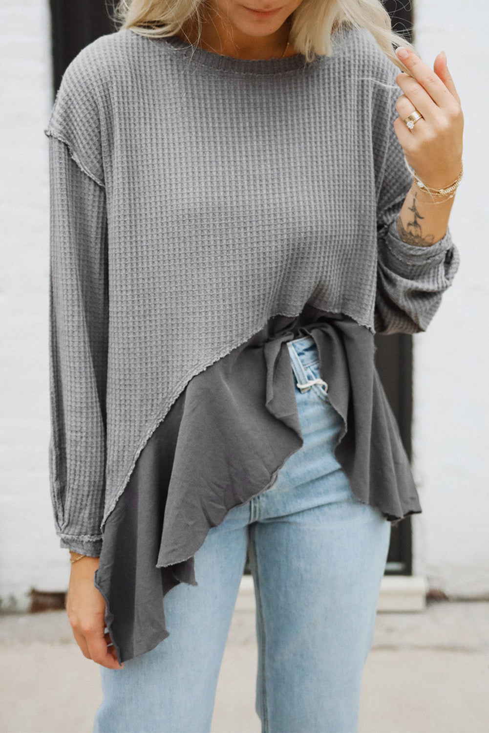 Waffle Ruffle Long Sleeve Top