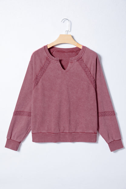 Lace Patchwork Mineral Wash Notched Neck Sweatshirt