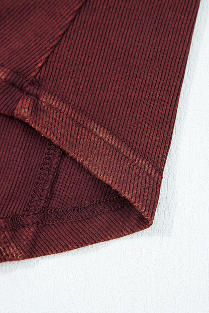 Solid Ribbed Knit Buttoned Long Sleeve Top