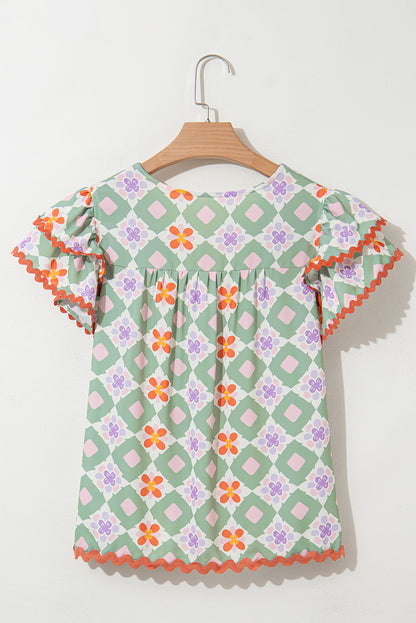 Geometric Floral V-Neck Layered Flutter Sleeve Blouse