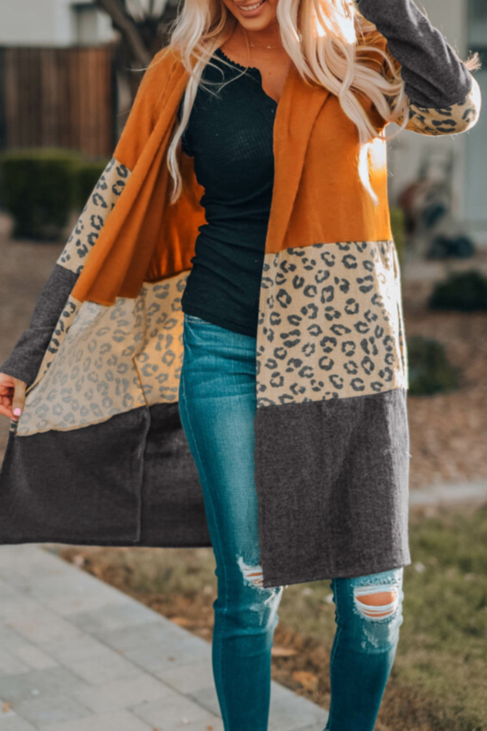 Leopard Colorblock Open Front Cardigan