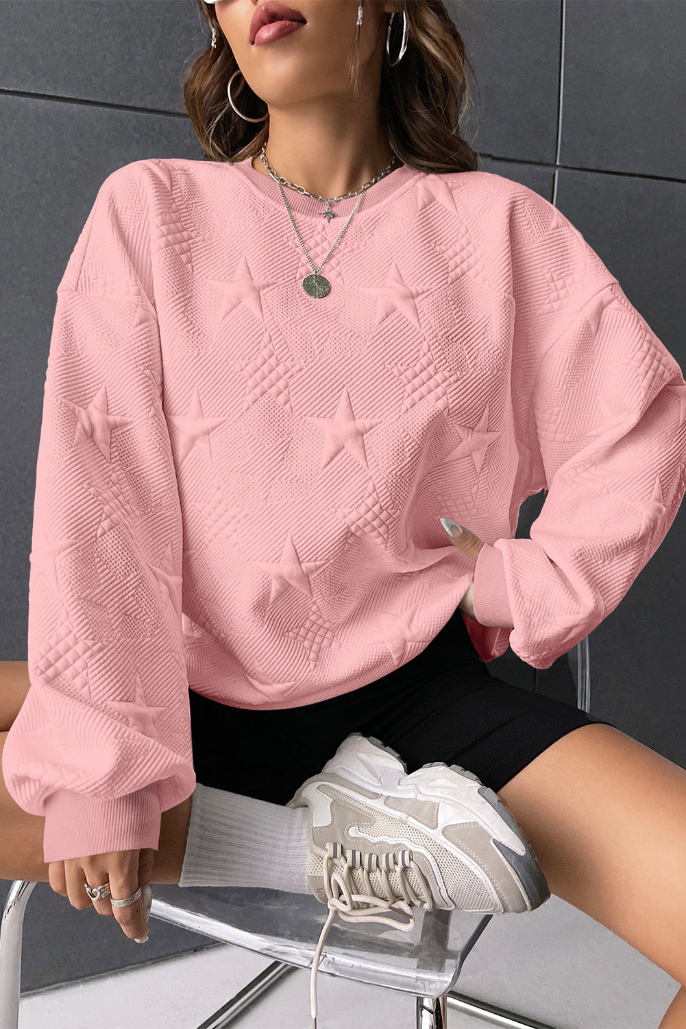 Star Embossed Drop Shoulder Sweatshirt