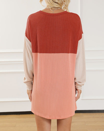 Colorblock Ribbed Long Sleeve Dress