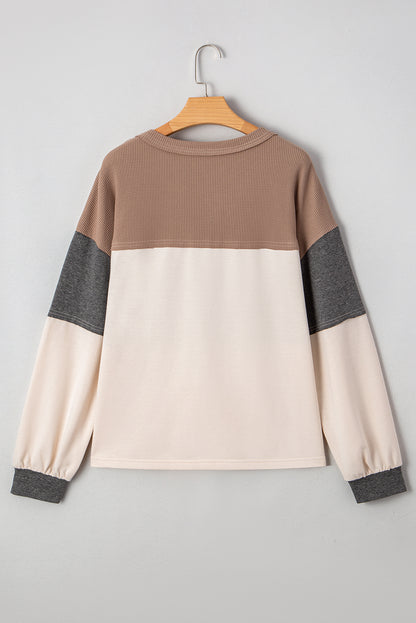 Colorblock Waffle Knit Patchwork Henley Top