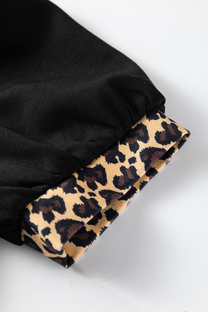 Leopard Patchwork Zip Collared Puff Sleeve Mini Dress