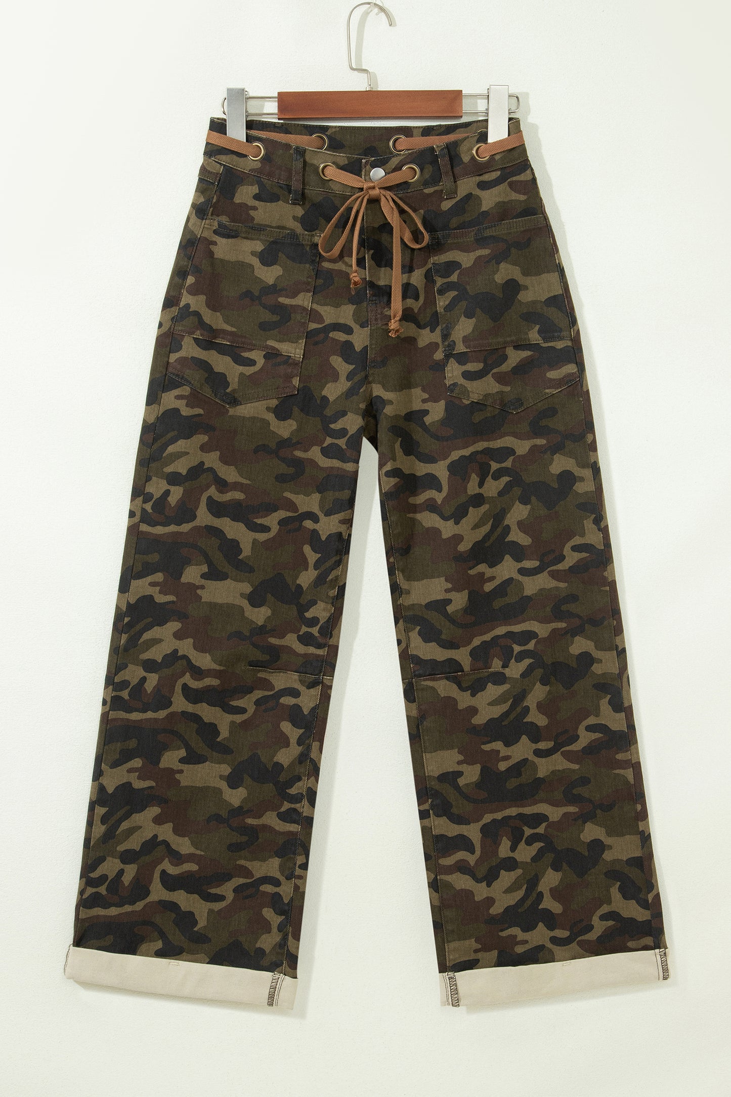 Camo Retro Grommet Tie Waist Loose Jeans