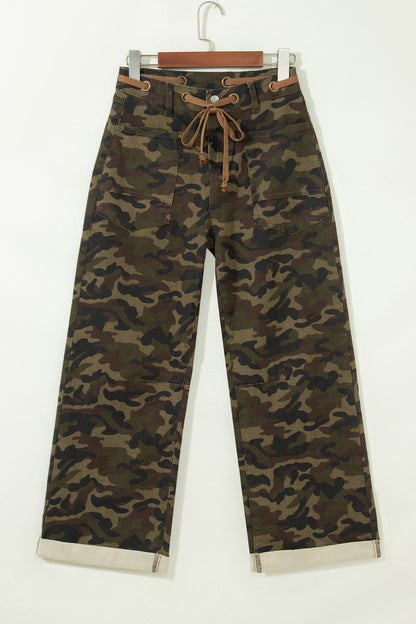 Camo Retro Grommet Tie Waist Loose Jeans