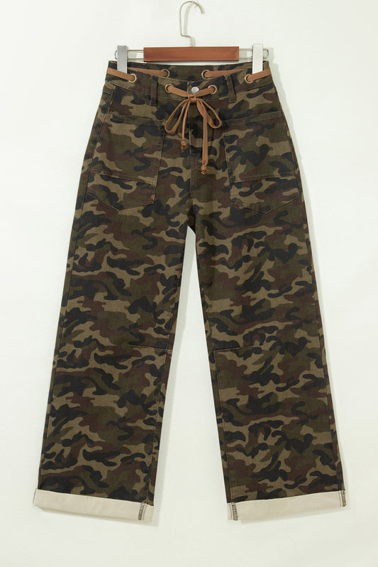 Camo Retro Grommet Tie Waist Loose Jeans