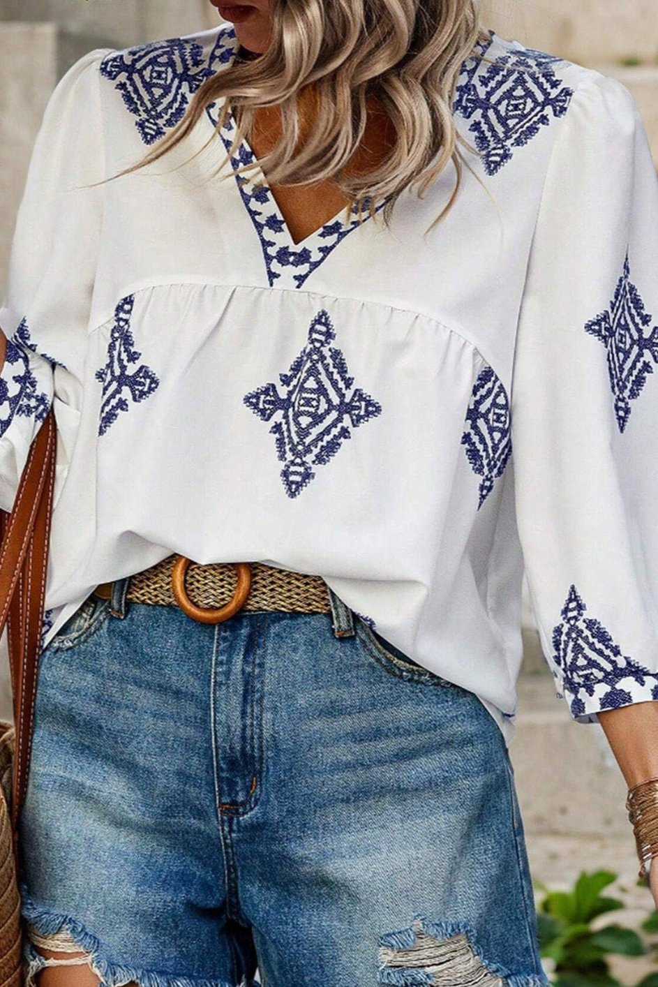 Boho Geometric 3/4 Sleeve Blouse Plus Size