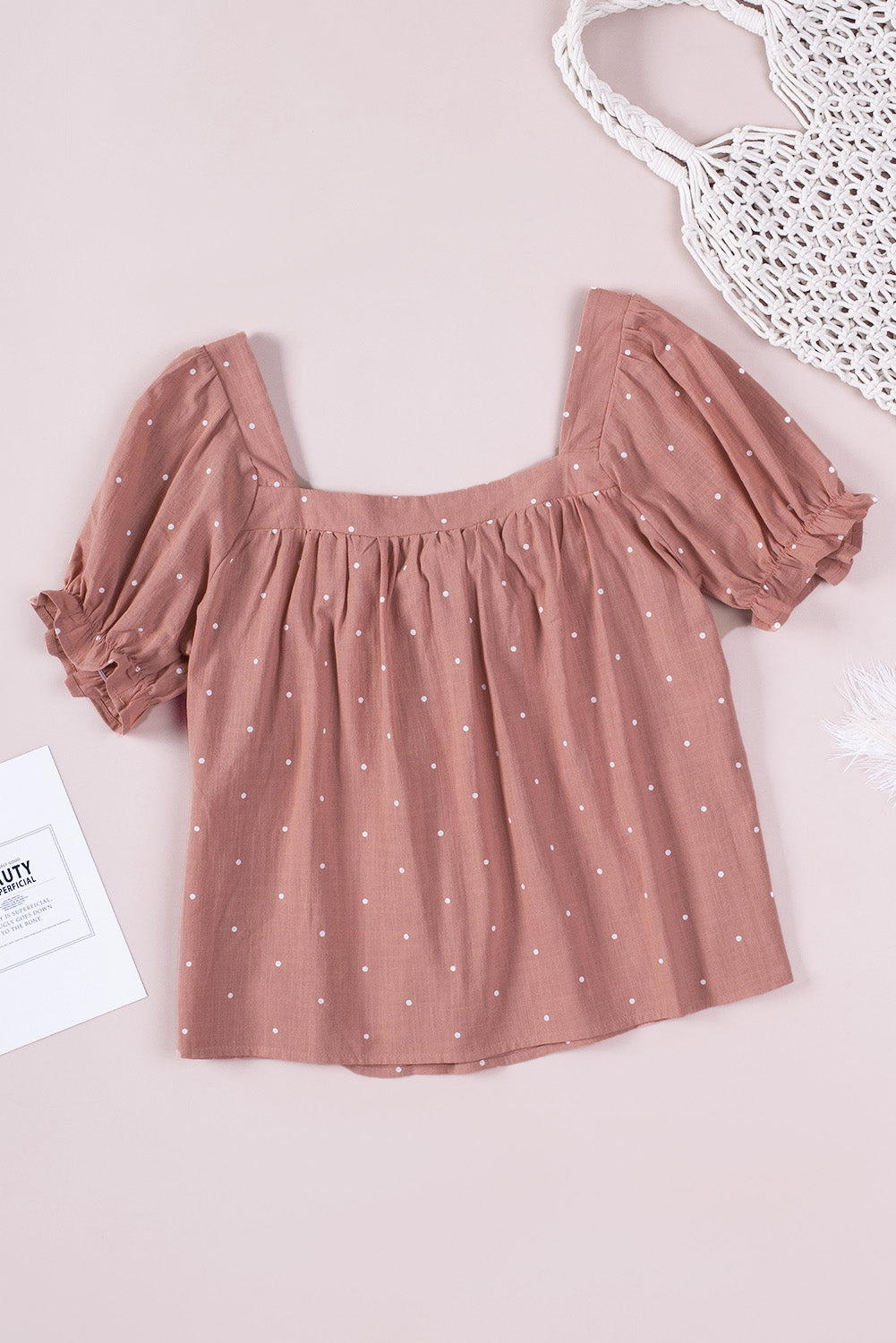 Dotted Puff Sleeve Bow Back Blouse