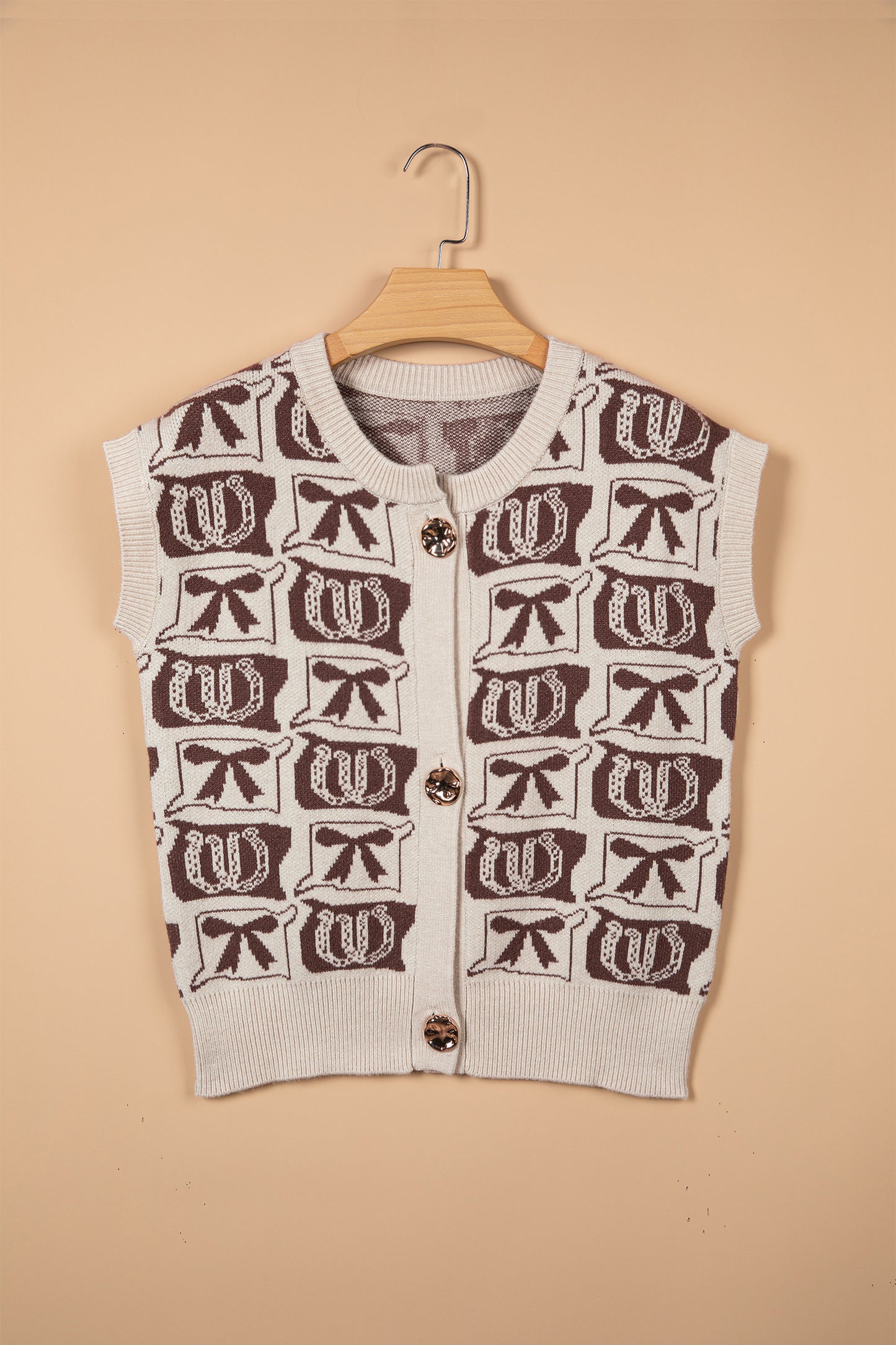 Western Horseshoe Bow Pattern Button Front Sleeveless Knit Top