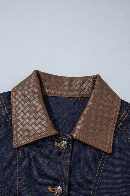 Faux Leather Contrast Collar Buttoned Denim Jacket